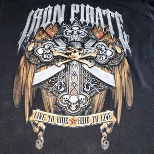 Iron Pirate Graphic T Shirt Large Skull Wings Biker Live to Ride Mens Tee Y2K